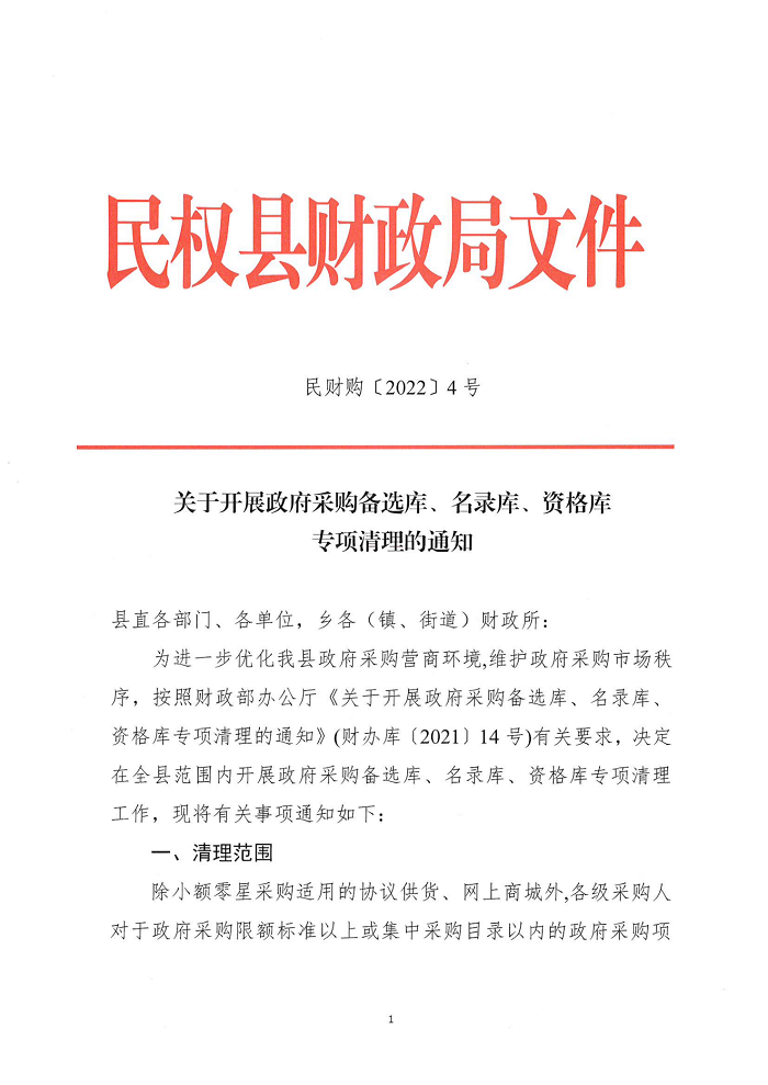 關(guān)于開展政府采購備選庫、名錄庫、資格庫專項清理的通知