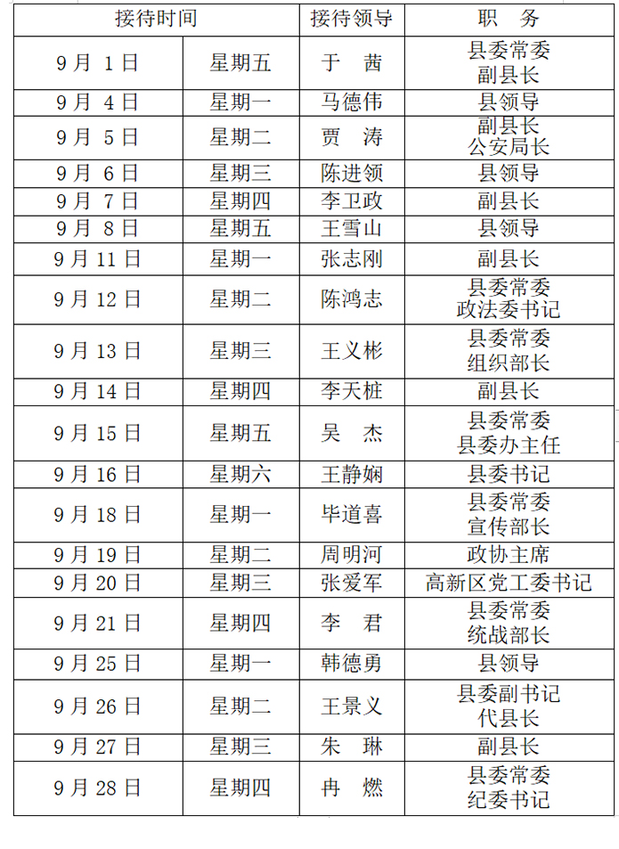  2023年9月份縣四大家領(lǐng)導(dǎo)接待群眾日程表