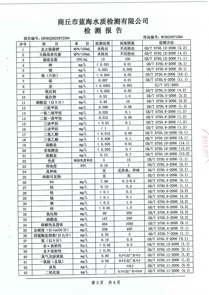 關于民權縣水務公司水質檢測報告的公示